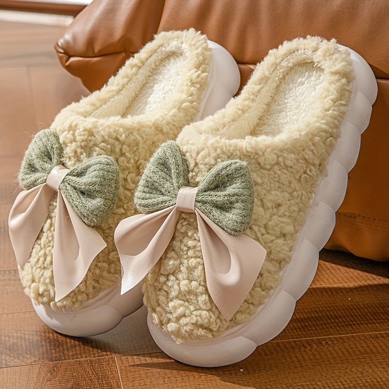 1 Pair Women's Winter Warm Plush Slippers, Casual Solid Color Bowknot Indoor House Shoes, Thick Sole Non-Slip Warm Footwear, Essential Autumn/Winter Home Slides with Superfine Fiber Insole and TPU Sole